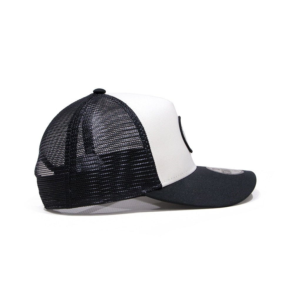 new era round patch chrome white black youth 9forty a frame trucker cap angle