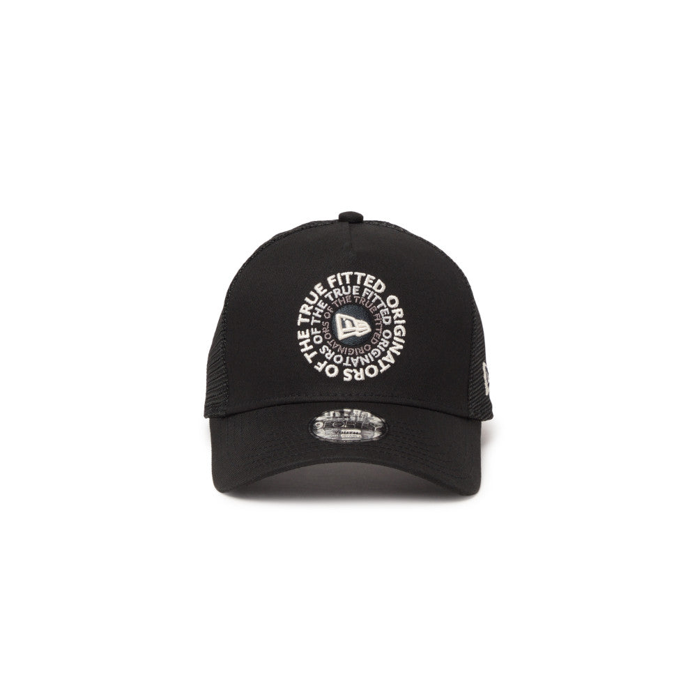 new era circle originators of the true fitted black youth 9forty a frame trucker cap front