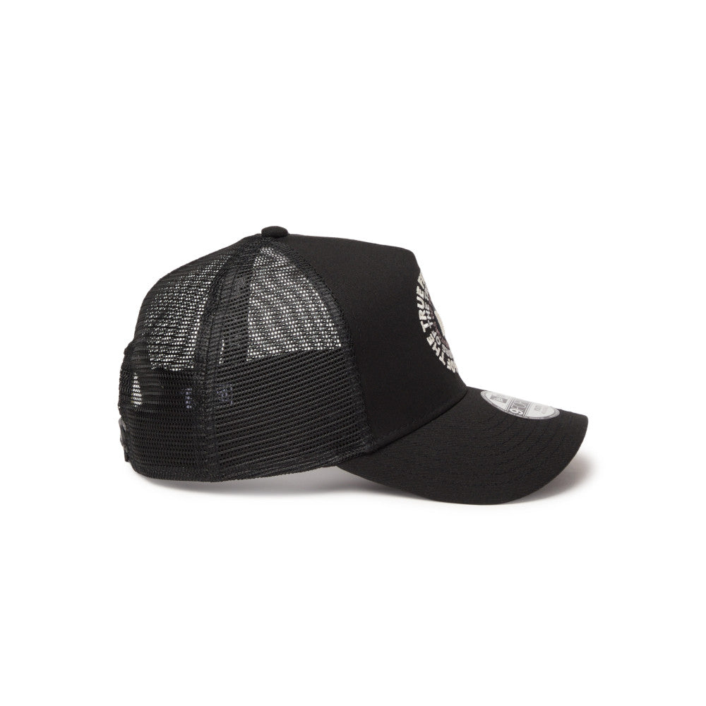new era circle originators of the true fitted black youth 9forty a frame trucker cap with mesh back on a white background