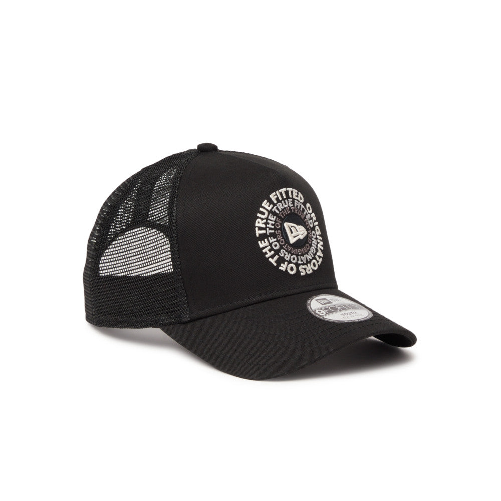 new era circle originators of the true fitted black youth 9forty a frame trucker cap opposite side angle