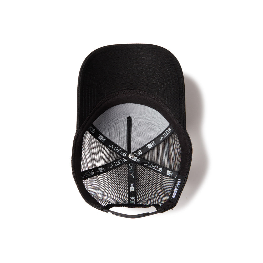 new era circle originators of the true fitted black youth 9forty a frame trucker cap detail and color