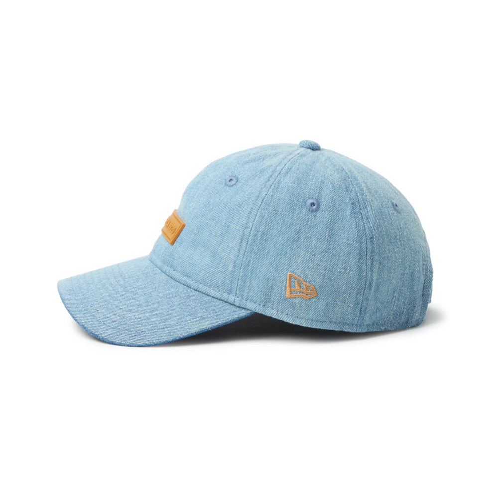 new era 1920 patch washed denim youth 9twenty adjustable cap close-up side view with embroidered stitch design