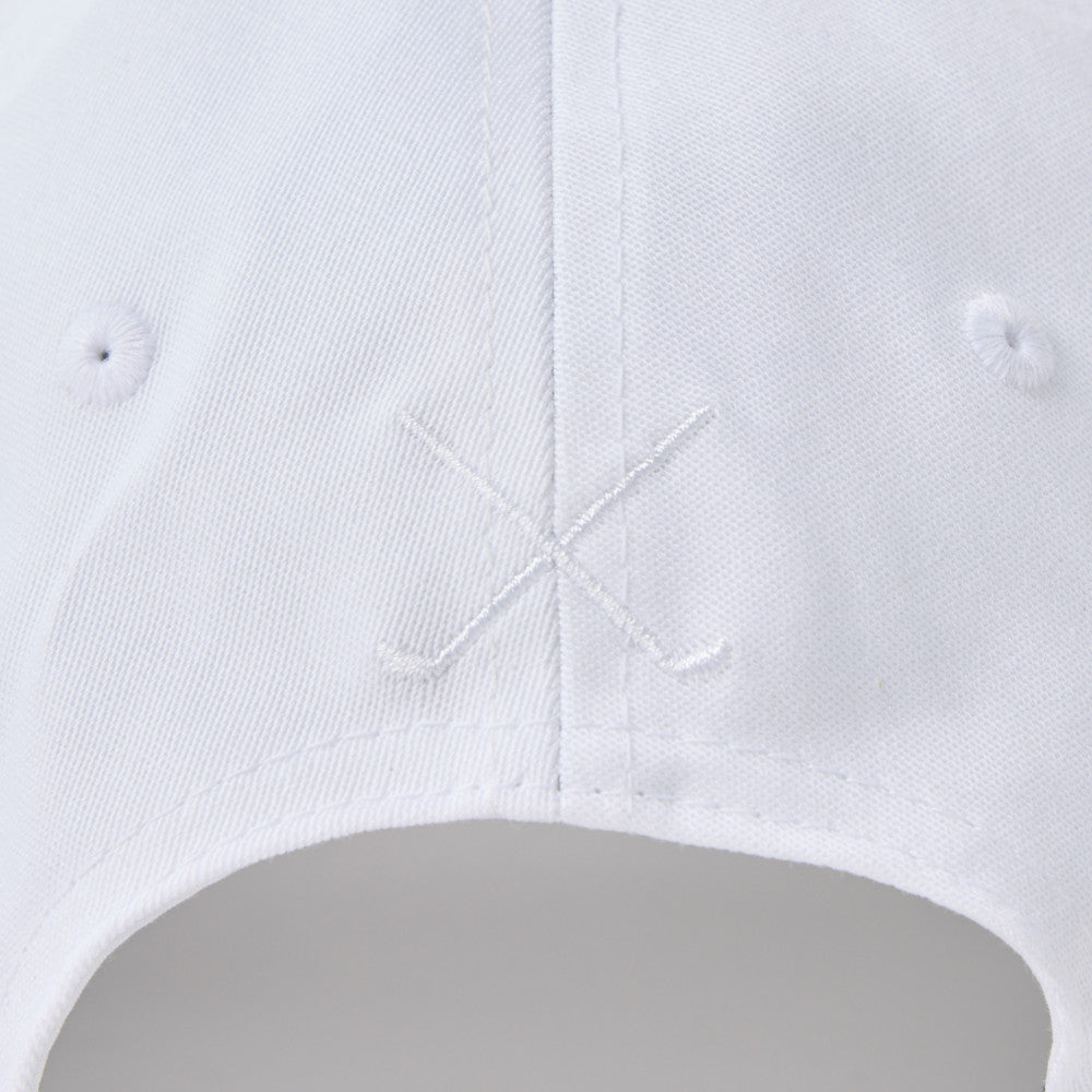 new era oval logo golf women white 9twenty adjustable cap close-up back view with embroidered design