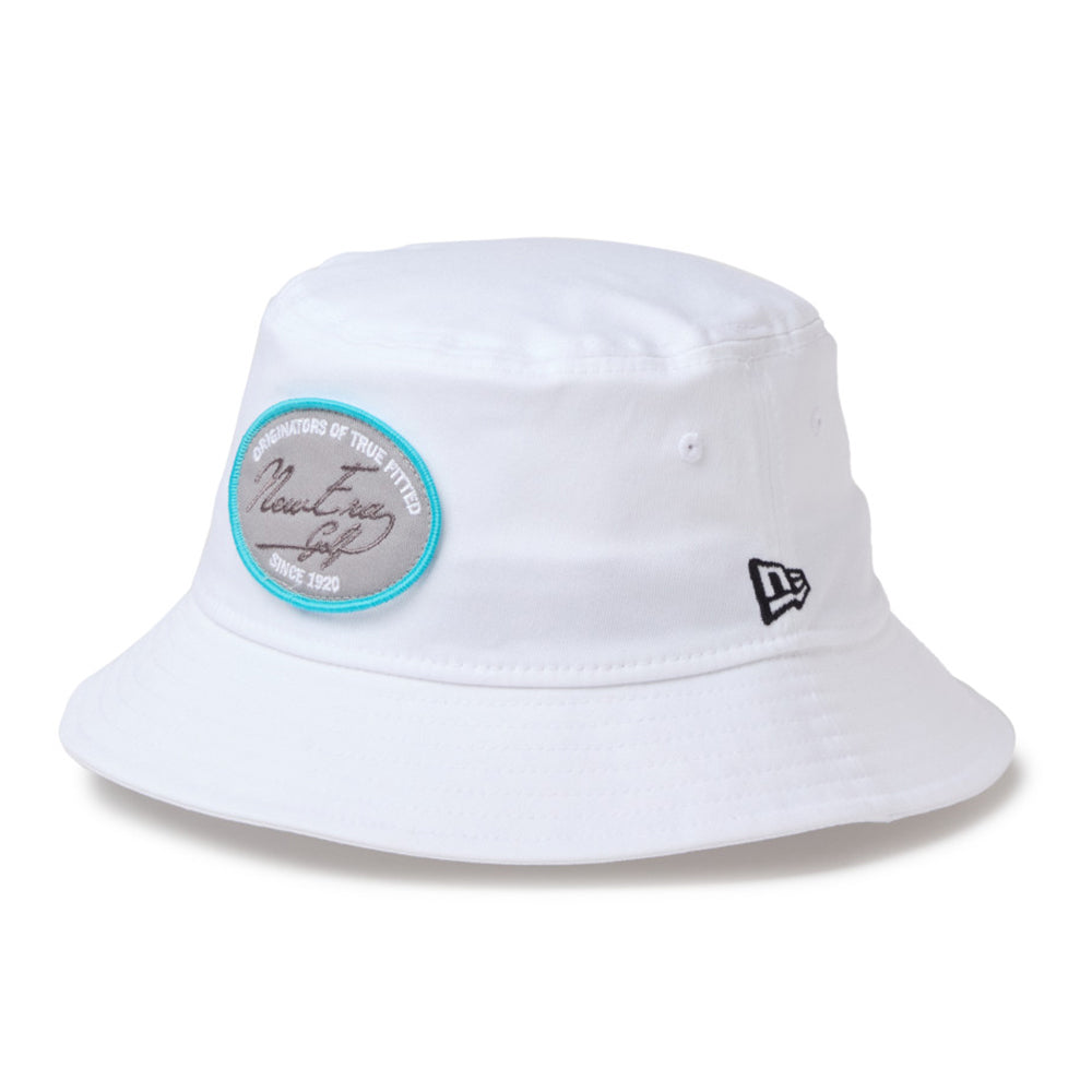 new era script oval patch white golf bucket hat front and side