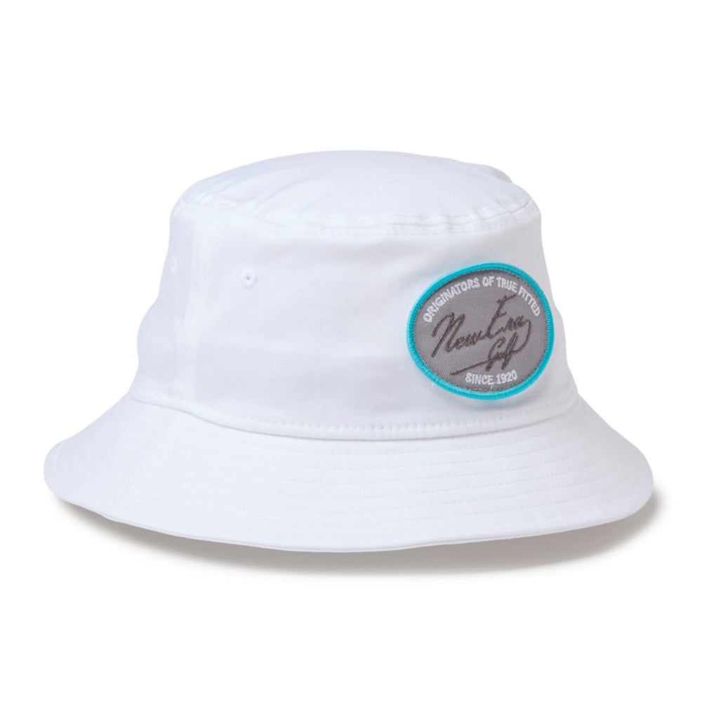 new era script oval patch white golf bucket hat other side angle