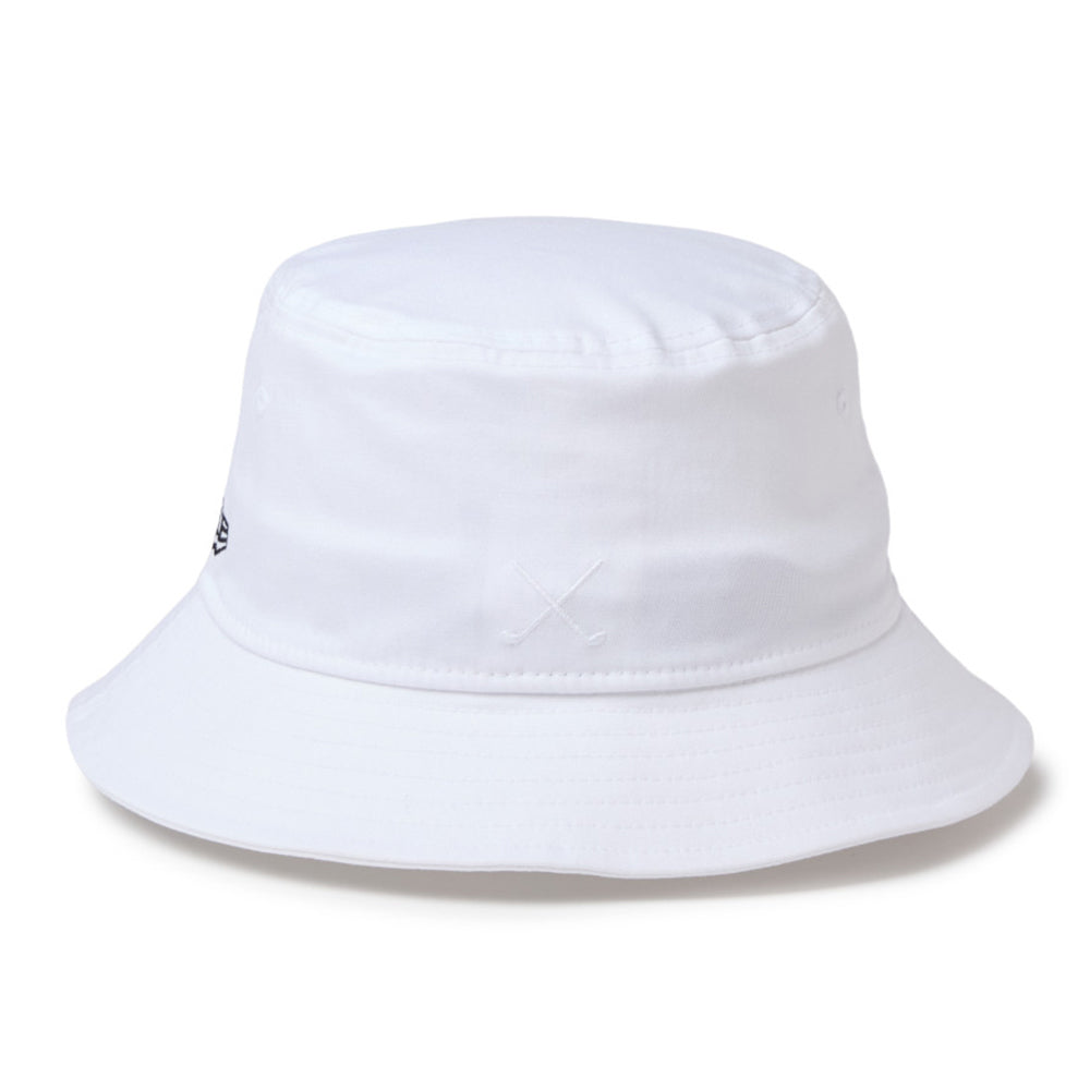 new era script oval patch white golf bucket hat back