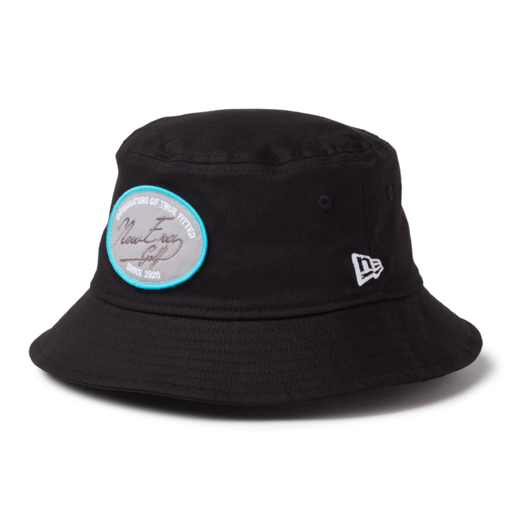new era script oval patch black golf bucket hat front and side