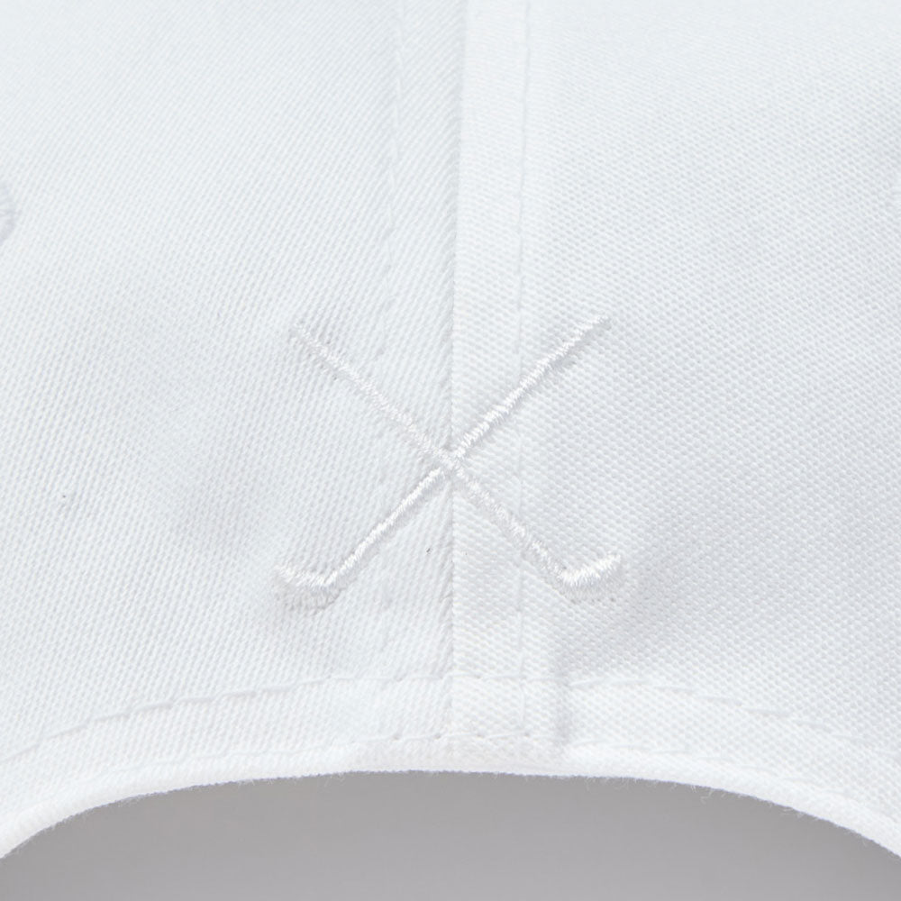 Close-up back view of new era script oval patch white golf 9seventy stretch snapback cap
