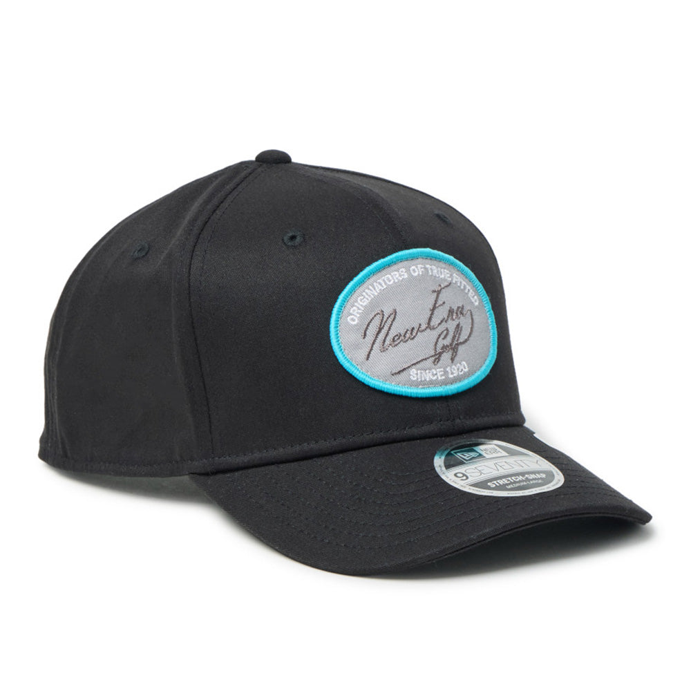 new era script oval patch black golf 9seventy stretch snapback cap logo and print