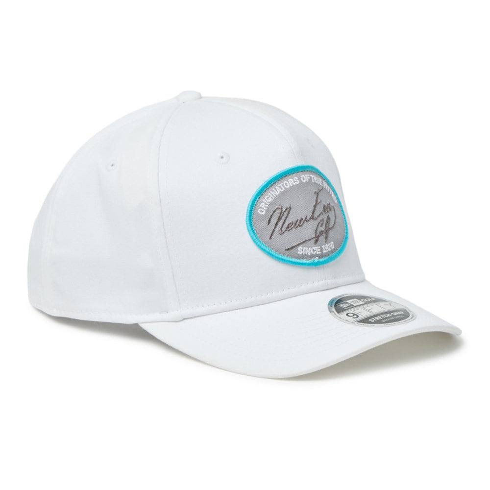 new era script oval patch white golf 9fifty stretch snapback cap logo and print