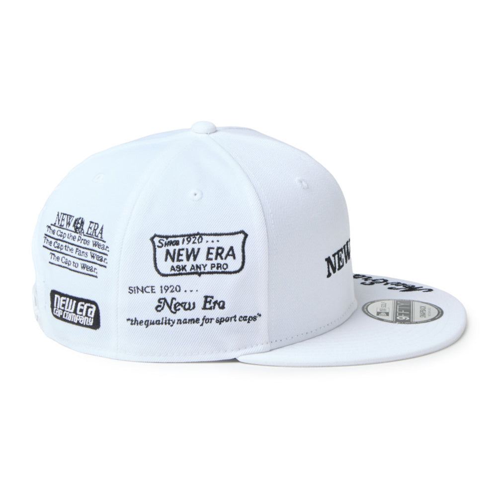 A white new era wordmark golf ne archive white 9fifty snapback cap with black printed graphics and text on the front, sides, and visor.