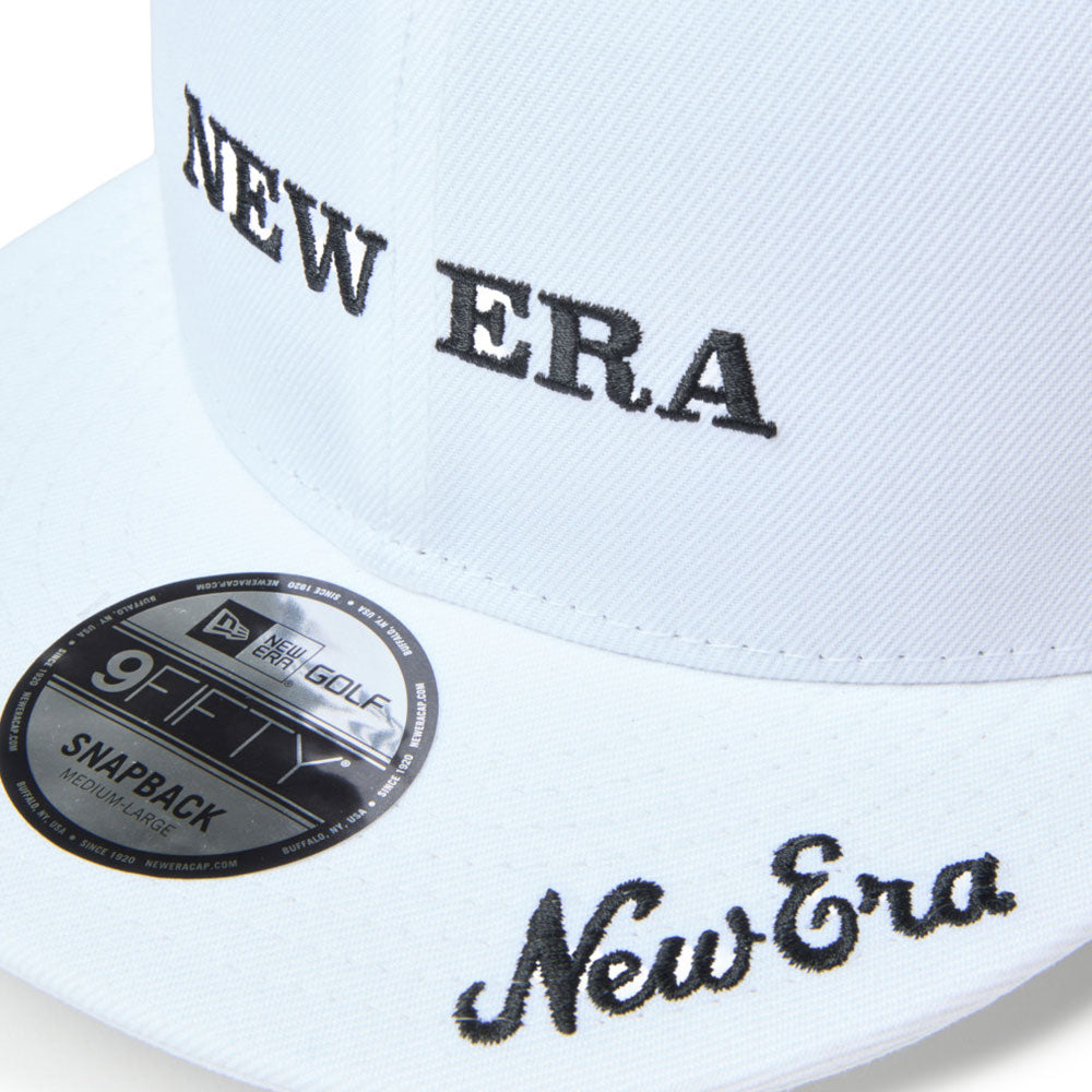 A white new era wordmark golf ne archive white 9fifty snapback cap with embroidered New Era text on the front panel and brim