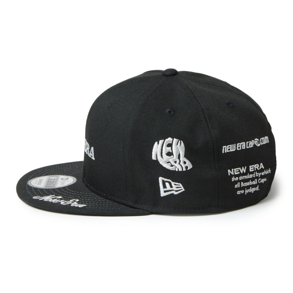 Black new era wordmark golf ne archive black 9fifty snapback cap with various logos on a white background
