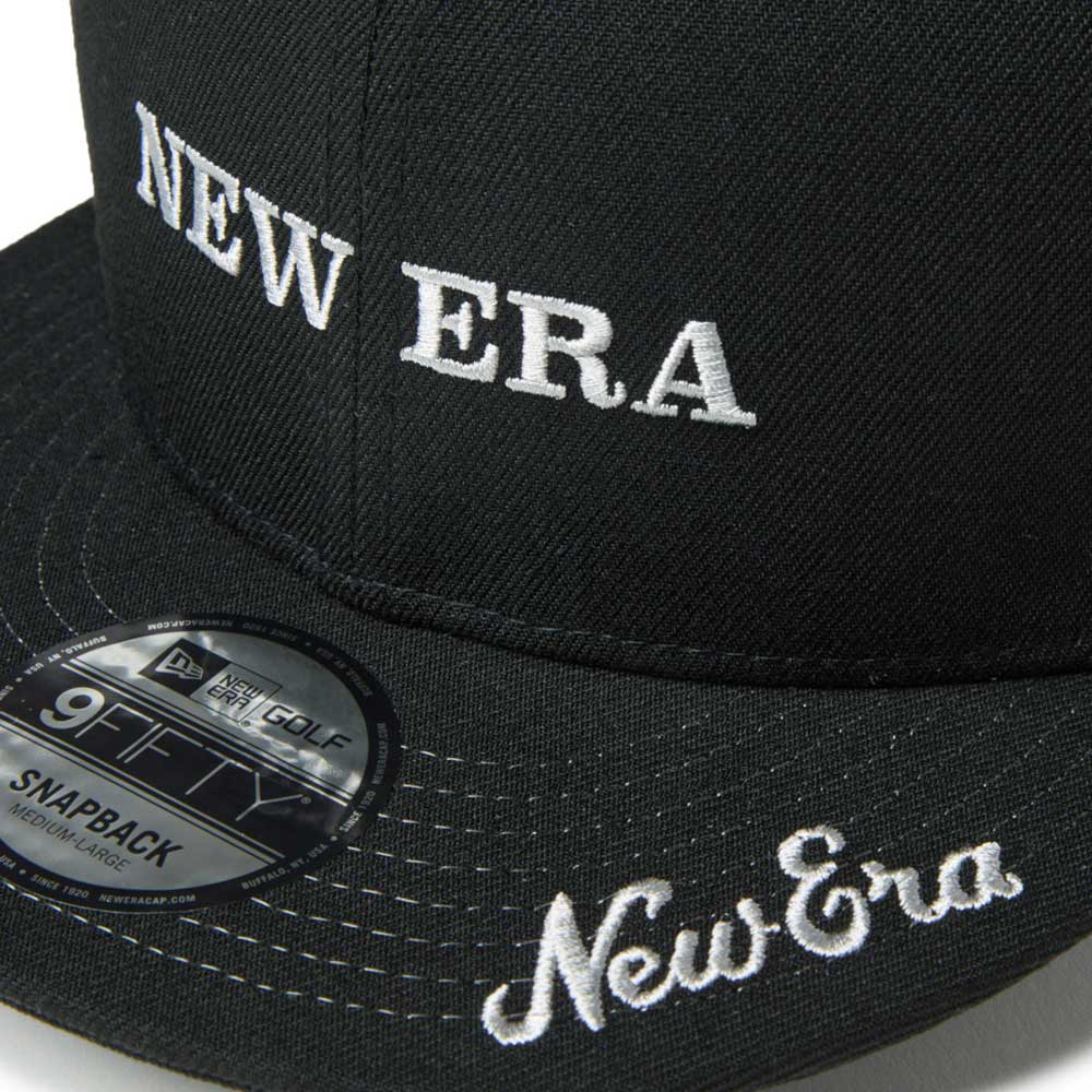 Black new era wordmark golf ne archive black 9fifty snapback cap with embroidered logos on the front panel and brim