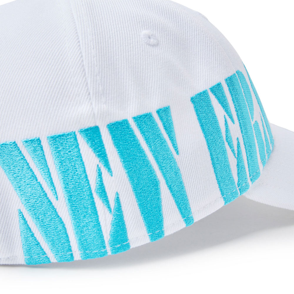 Close-up of a new era wordmark golf stencil logo white 9forty adjustable cap with turquoise embroidered text on a white background