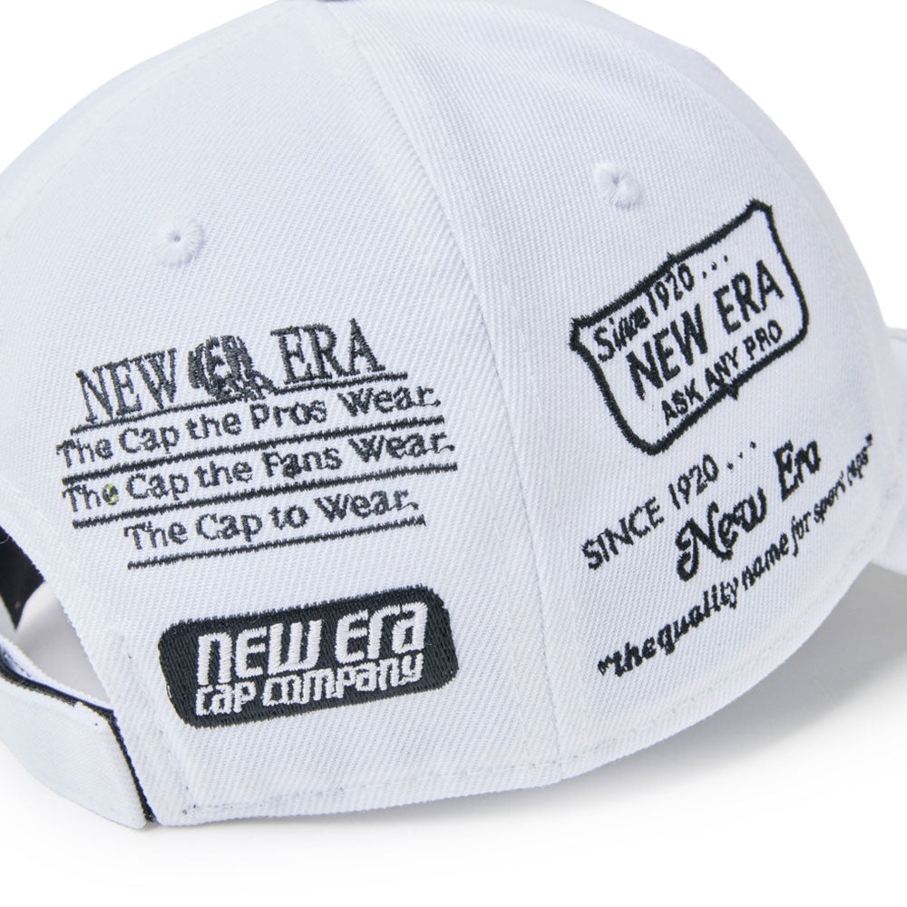 new era wordmark golf ne archive white 9forty velcro strap adjustable cap with New Era branding and text on the other side as well