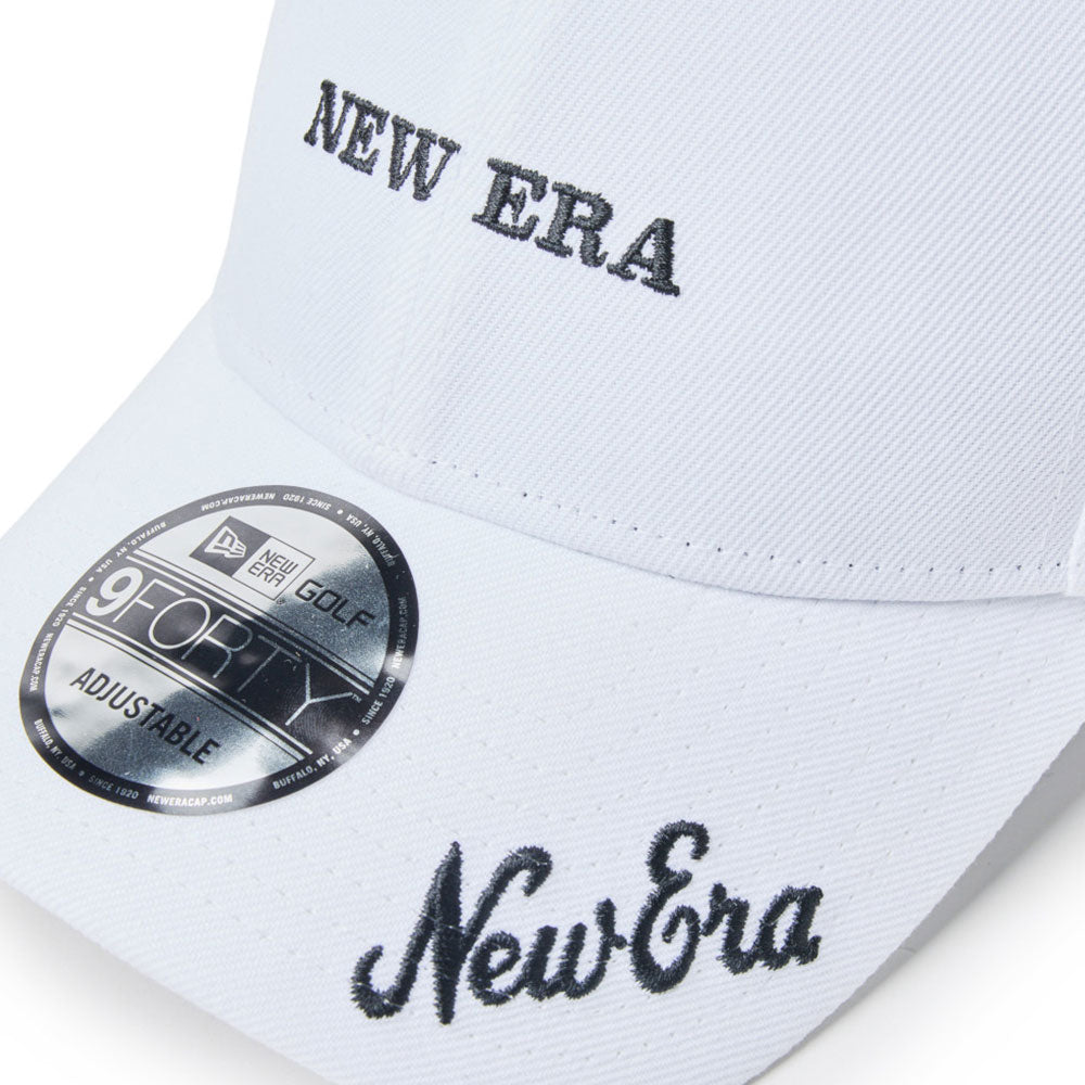 White new era wordmark golf ne archive white 9forty velcro strap adjustable cap with branding embroidery on the front panel and brim