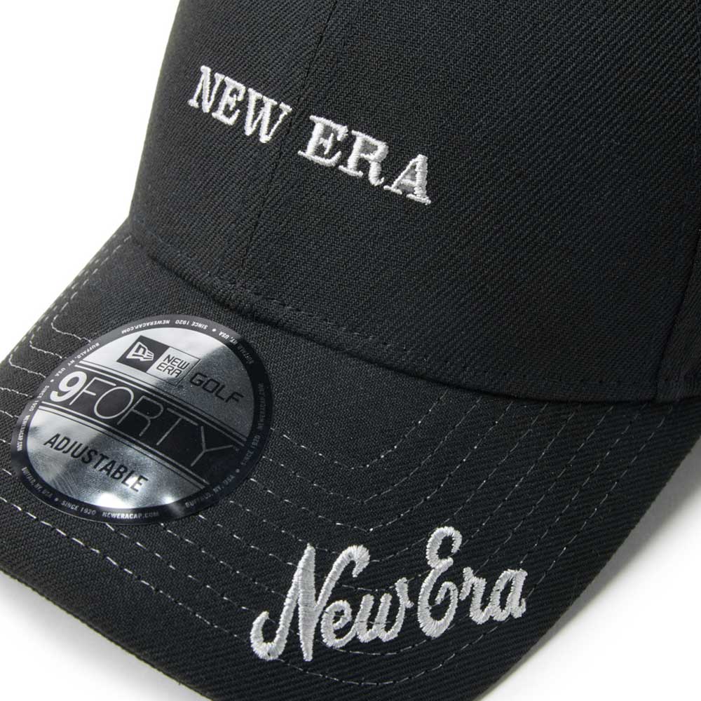 new era wordmark golf ne archive black 9forty velcro strap adjustable cap with New Era embroidery on the front panel and brim