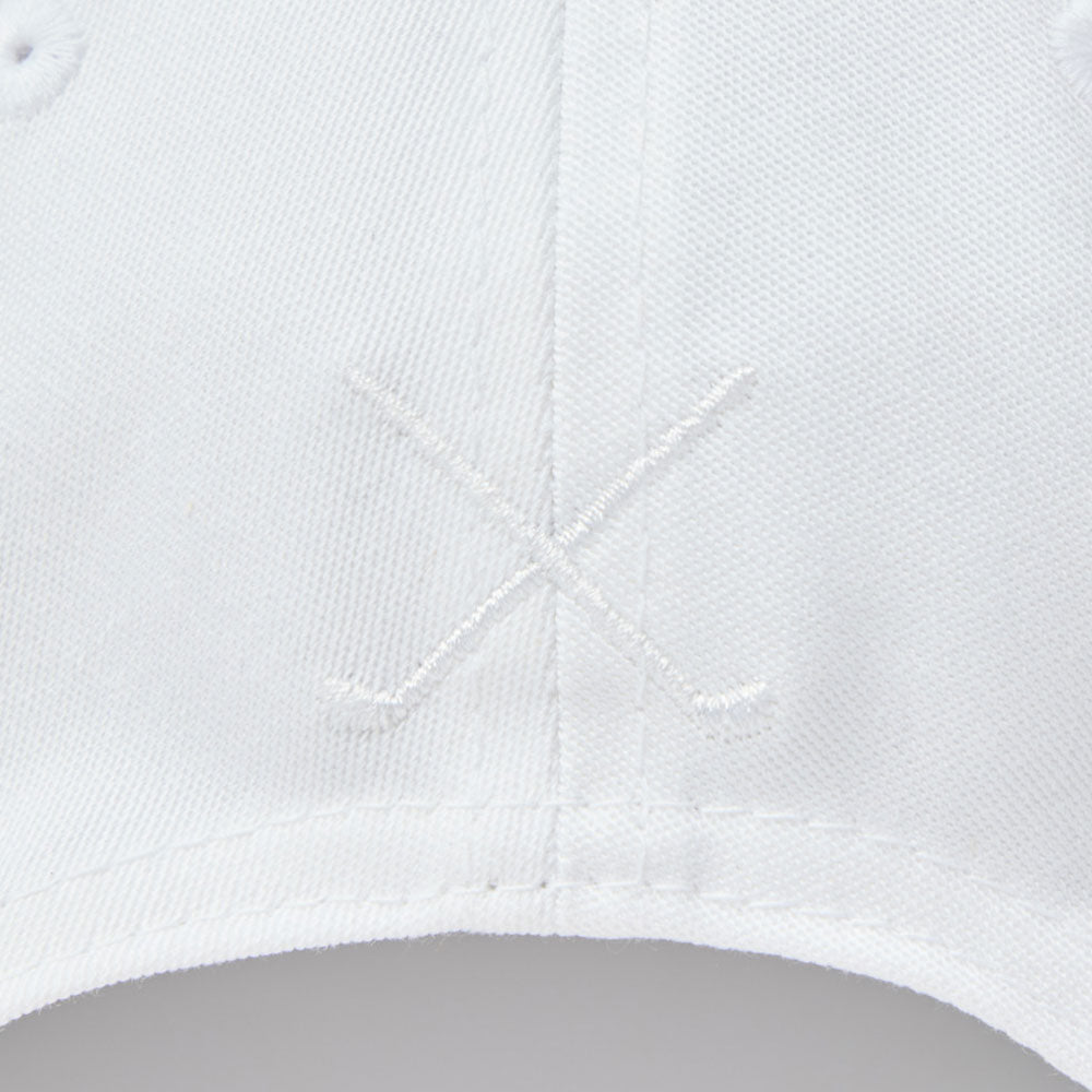new era script oval patch white golf 9forty stretch snapback cap close-up back view with an embroidered design