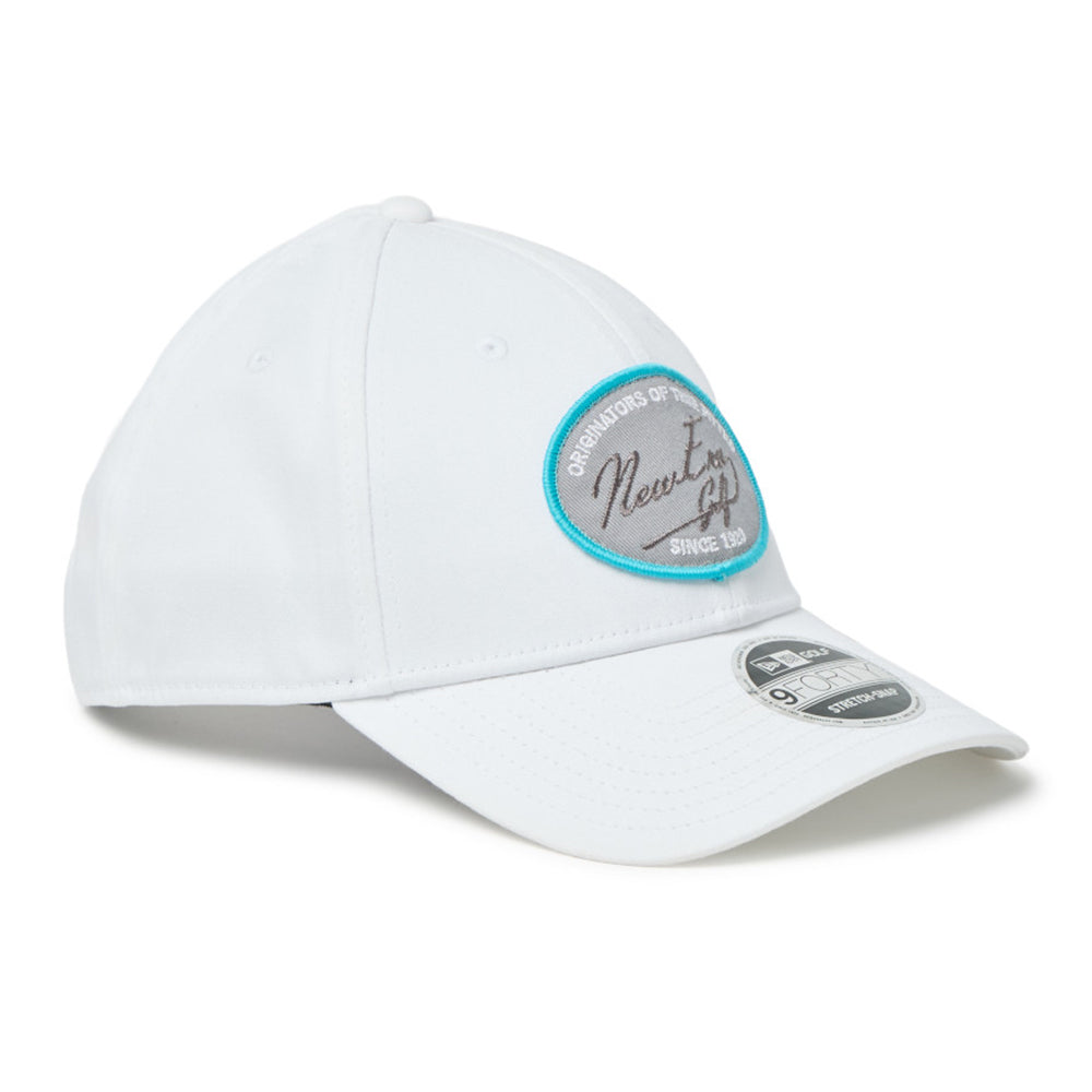 new era script oval patch white golf 9forty stretch snapback cap logo and print