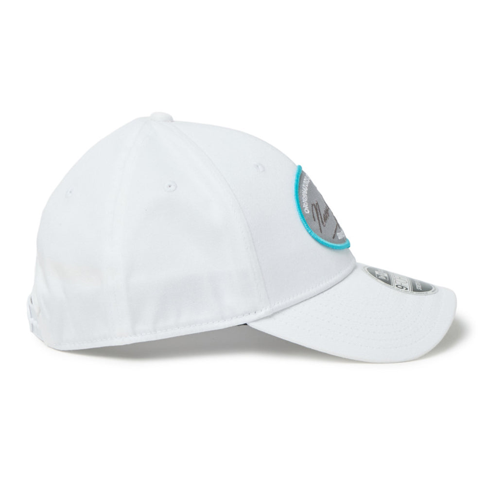 new era script oval patch white golf 9forty stretch snapback cap side with a logo on a white background