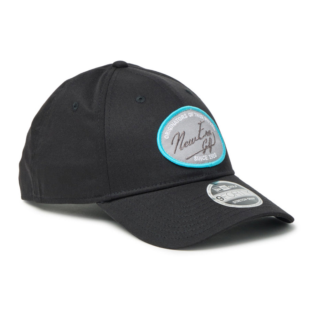 new era script oval patch black golf 9forty stretch snapback cap logo and print