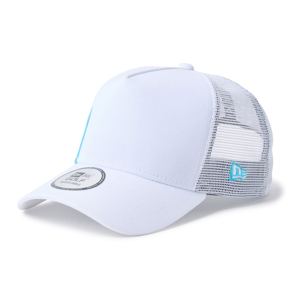 new era wordmark golf stencil logo white 9forty a frame trucker snapback cap logo and print