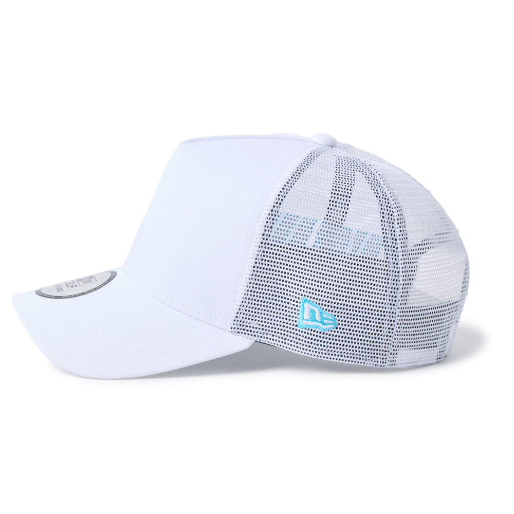 new era wordmark golf stencil logo white 9forty a frame trucker snapback cap with mesh back and New Era logo on a white background