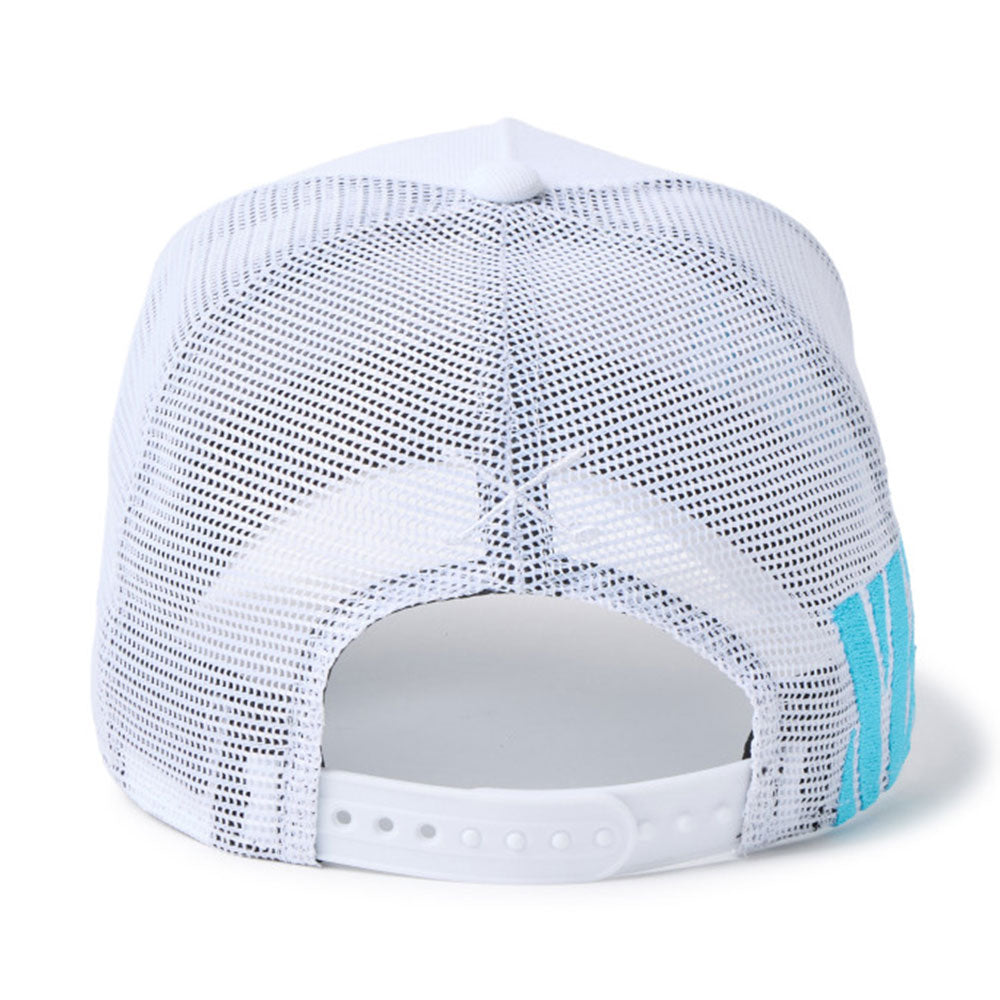new era wordmark golf stencil logo white 9forty a frame trucker snapback cap detail and color