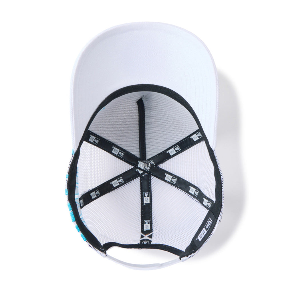 new era wordmark golf stencil logo white 9forty a frame trucker snapback cap with black mesh back on a white background