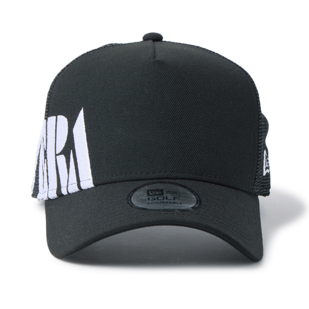 new era wordmark golf stencil logo black 9forty a frame trucker snapback cap logo and print