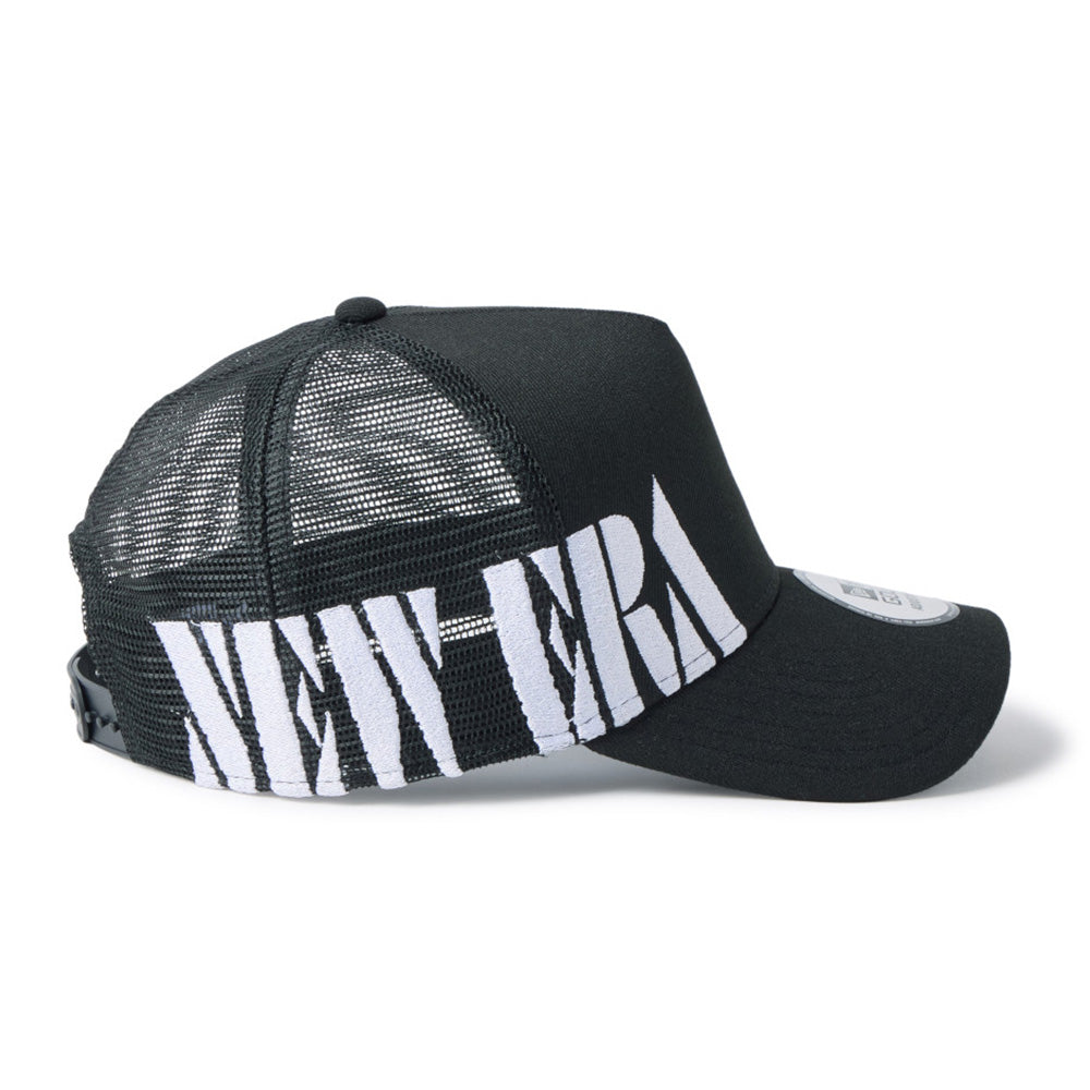new era wordmark golf stencil logo black 9forty a frame trucker snapback cap angle