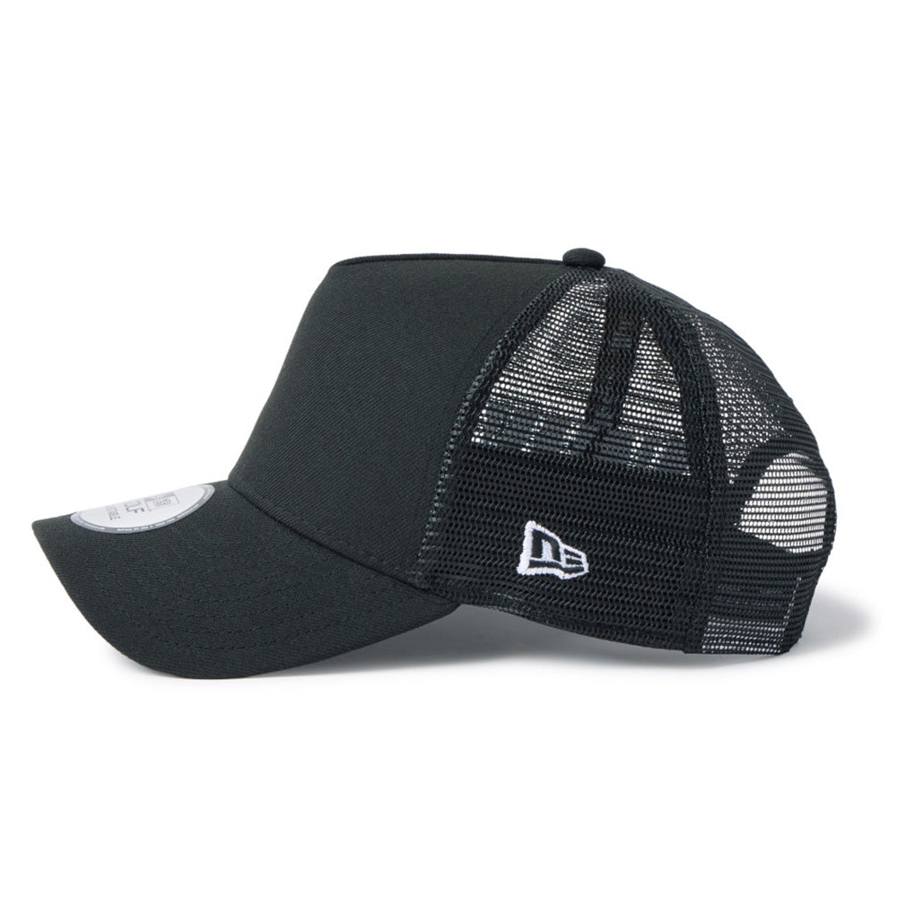 new era wordmark golf stencil logo black 9forty a frame trucker snapback cap with New Era logo on a white background
