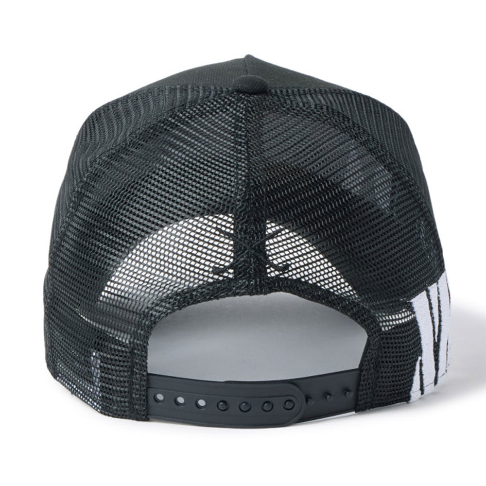 new era wordmark golf stencil logo black 9forty a frame trucker snapback cap detail and color