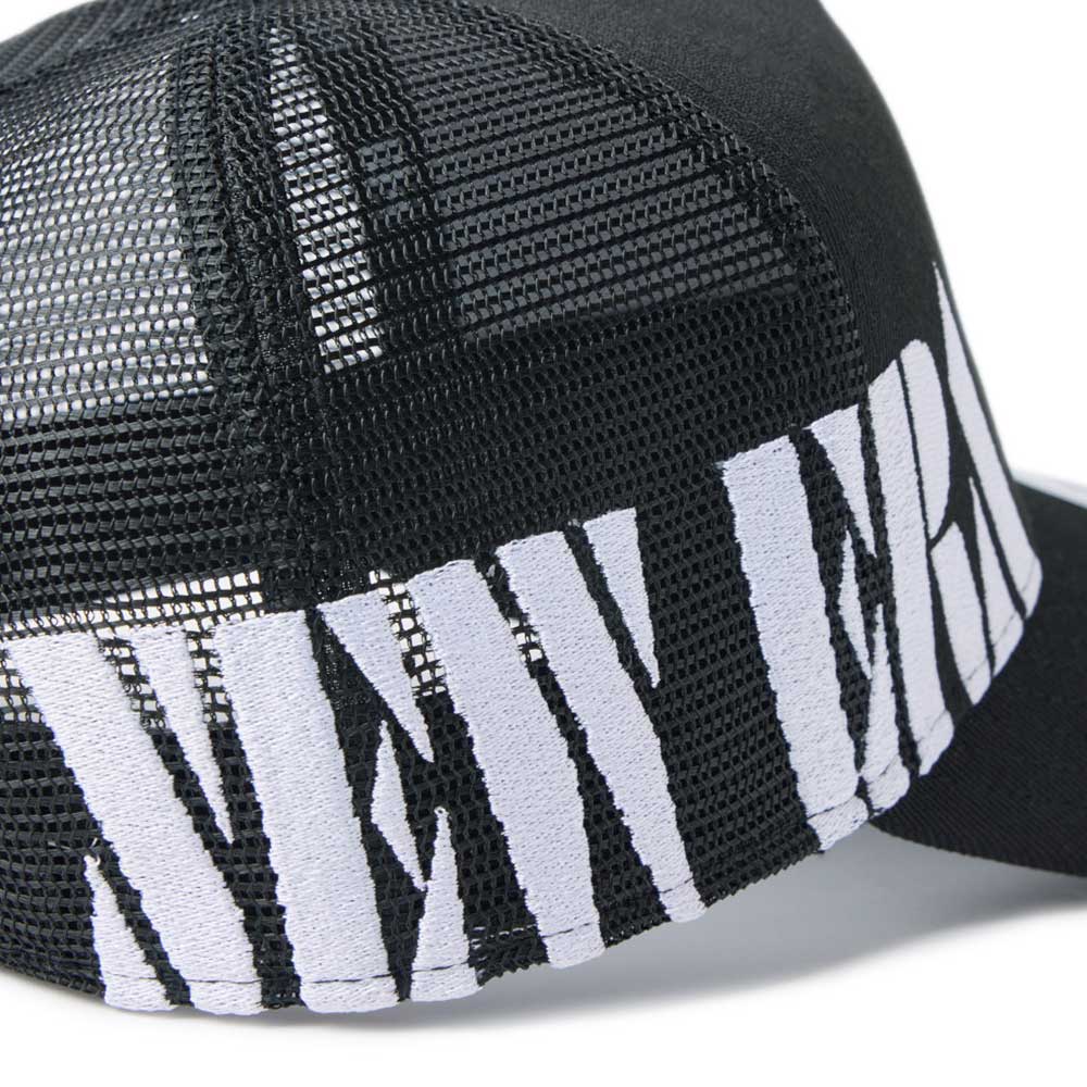 new era wordmark golf stencil logo black 9forty a frame trucker snapback cap with mesh back on a white background