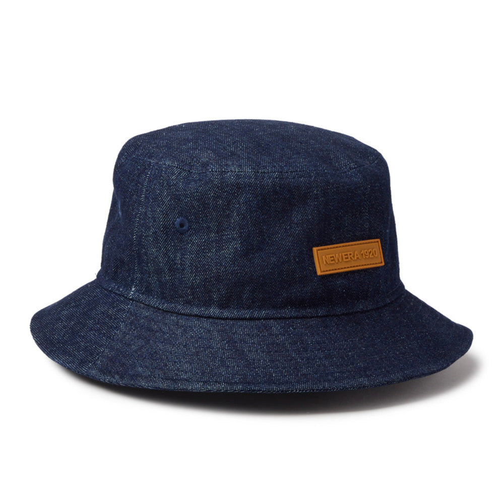 new era 1920 patch denim bucket hat close up front logo