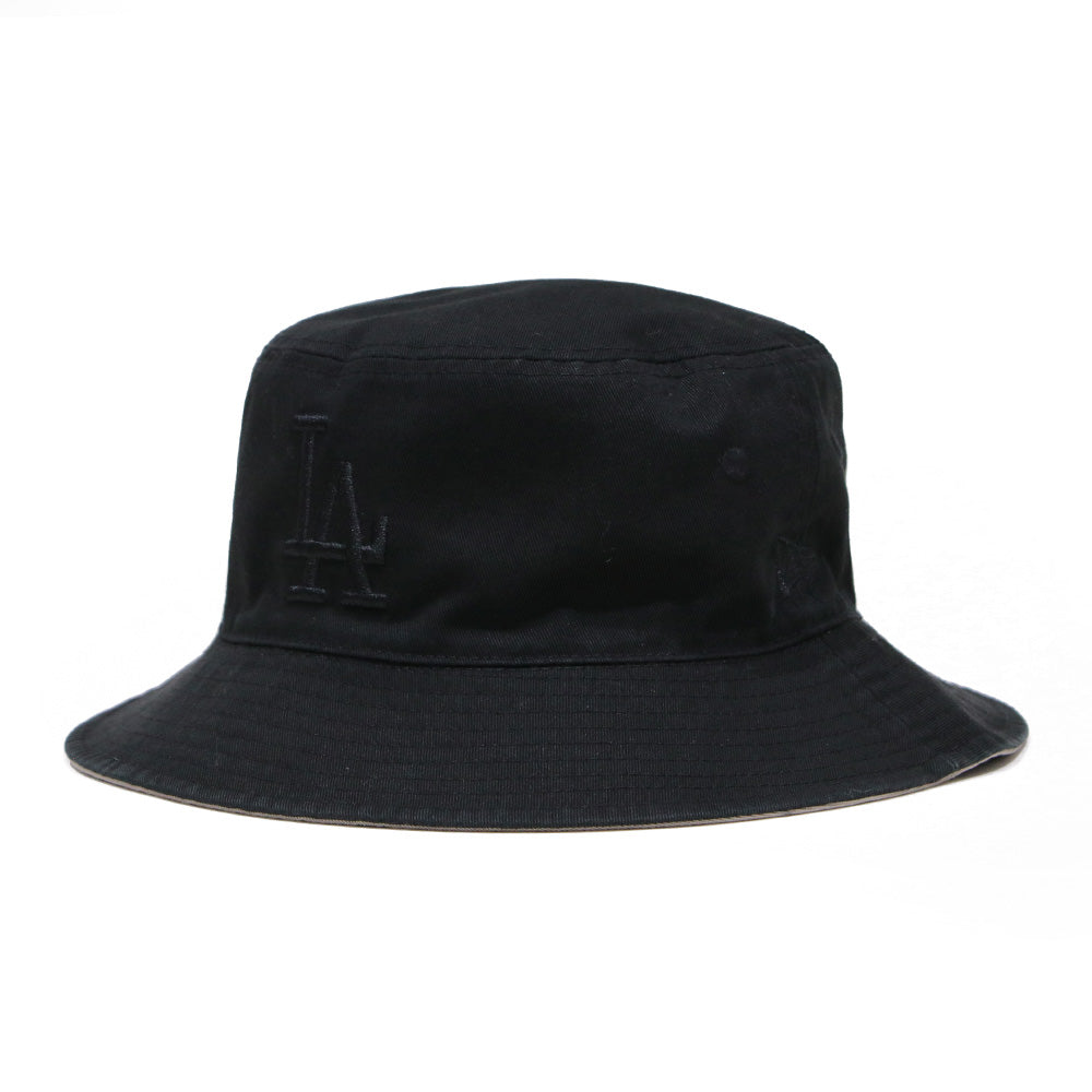 new era los angeles dodgers reversible black pebble bucket hat front and side