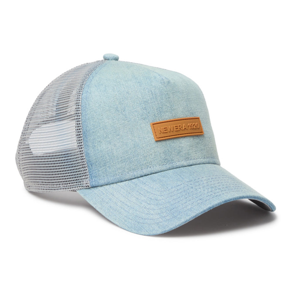 new era 1920 patch washed denim 9forty a frame trucker snapback cap logo and print
