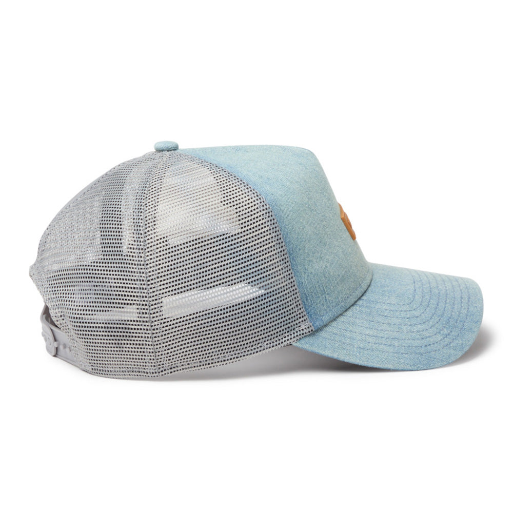 new era 1920 patch washed denim 9forty a frame trucker snapback cap opposite side or other angle view