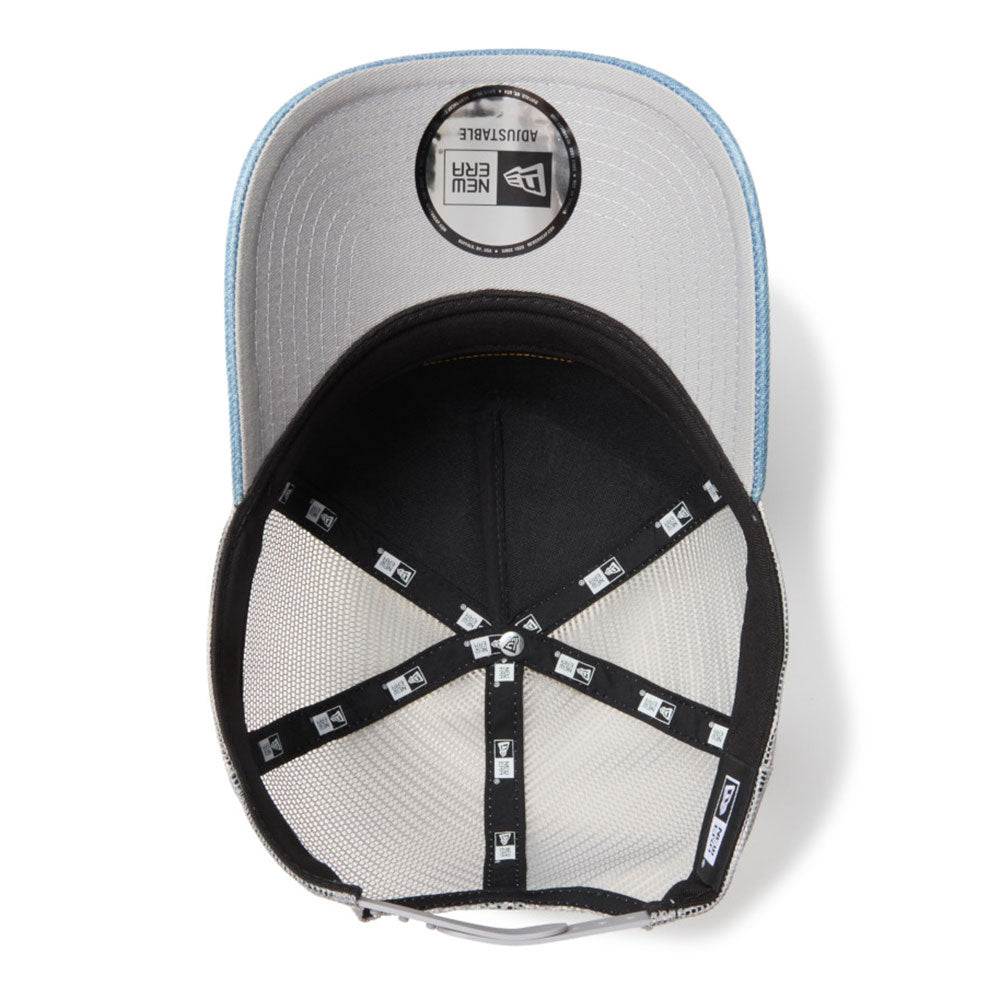 new era 1920 patch washed denim 9forty a frame trucker snapback cap close-up side view with embroidered stitch design