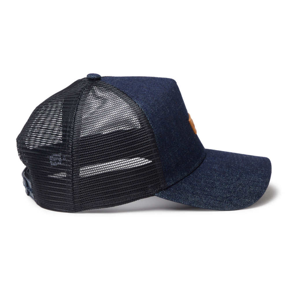 new era 1920 patch denim 9forty a frame trucker snapback cap close-up side view with embroidered stitch design