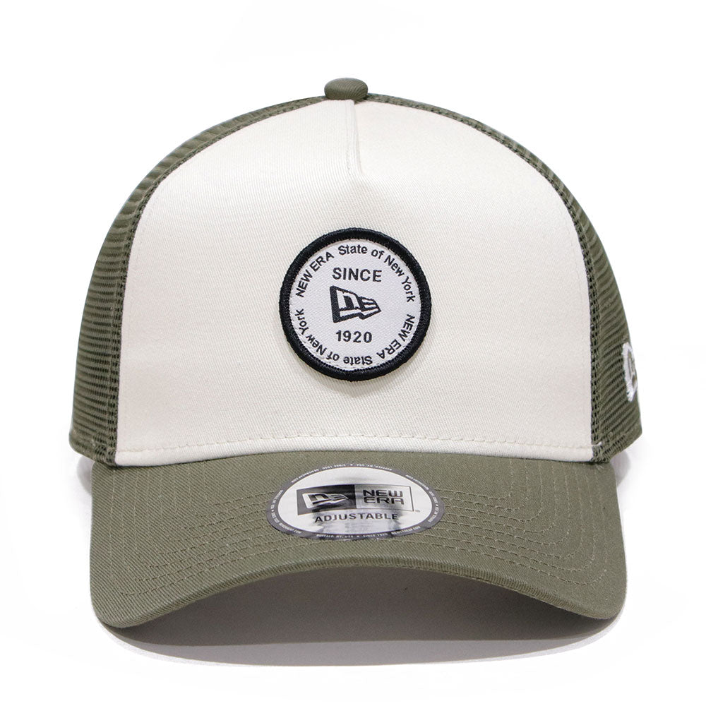 new era round patch chrome white olive 9forty a frame trucker cap opposite