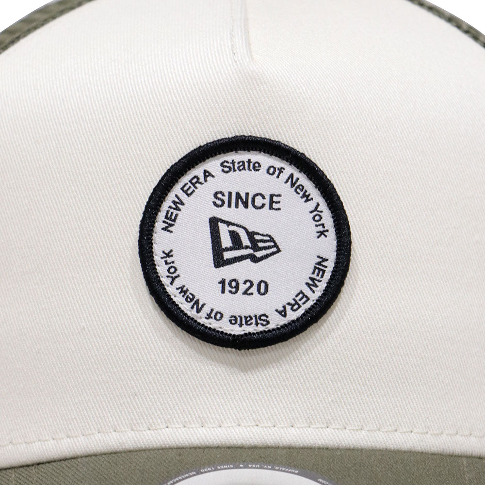 new era round patch chrome white olive 9forty a frame trucker cap logo and print