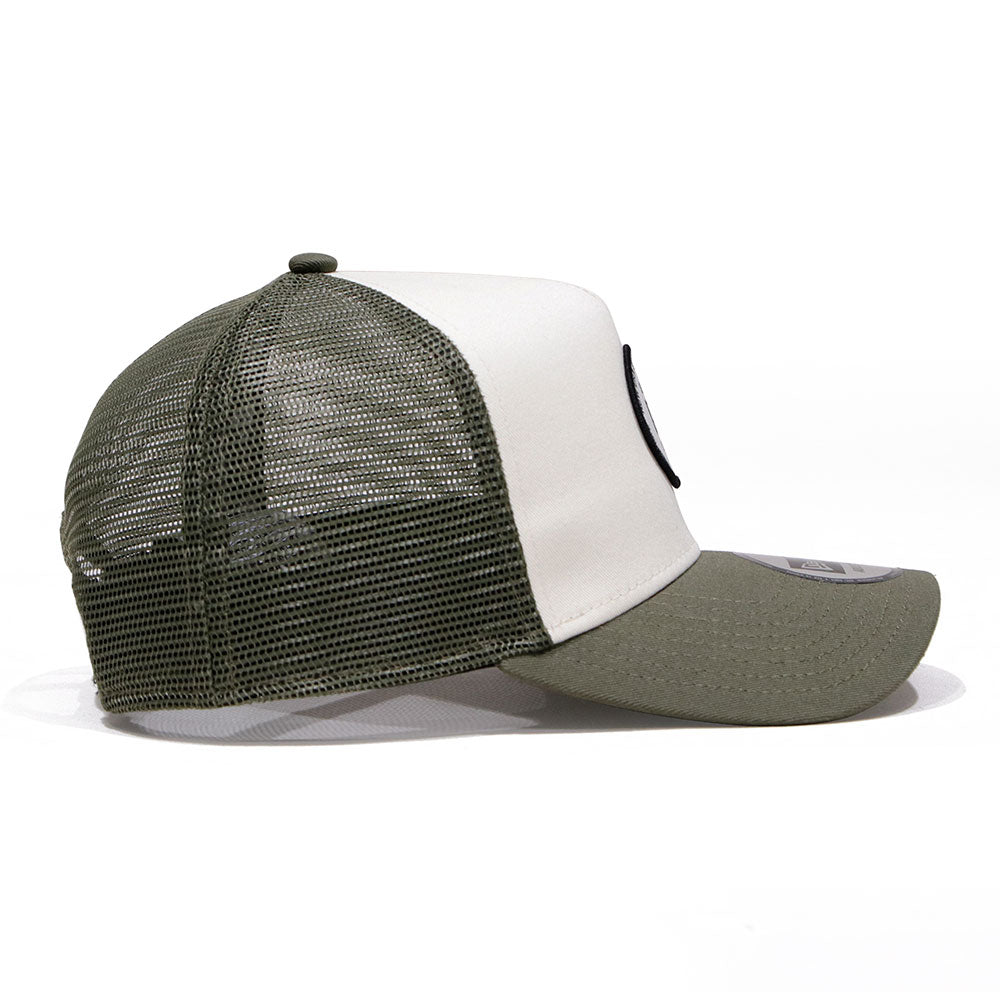 new era round patch chrome white olive 9forty a frame trucker cap side