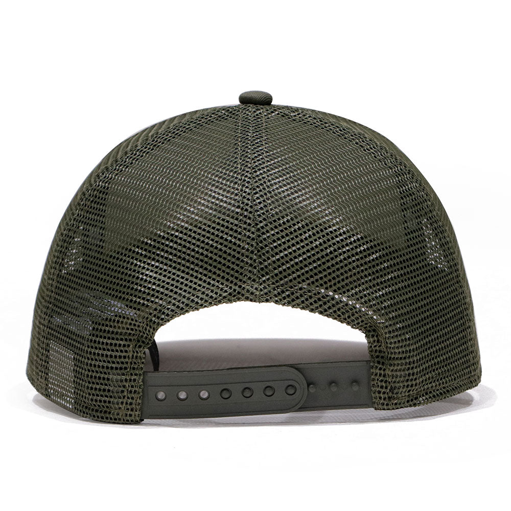 new era round patch chrome white olive 9forty a frame trucker cap detail and color