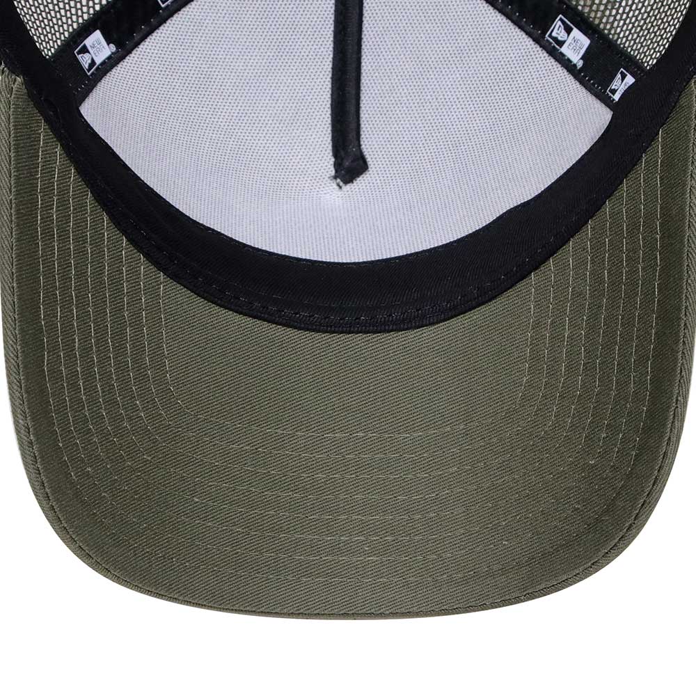 new era round patch chrome white olive 9forty a frame trucker cap angle
