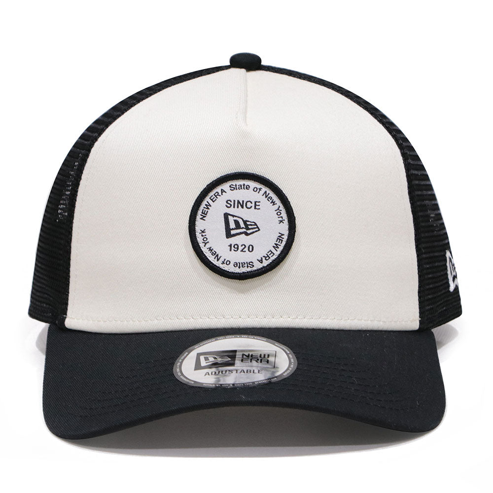 new era round patch chrome white black 9forty a frame trucker cap side