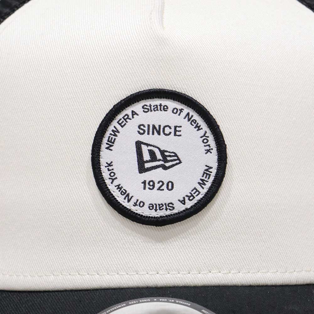 new era round patch chrome white black 9forty a frame trucker cap front and side