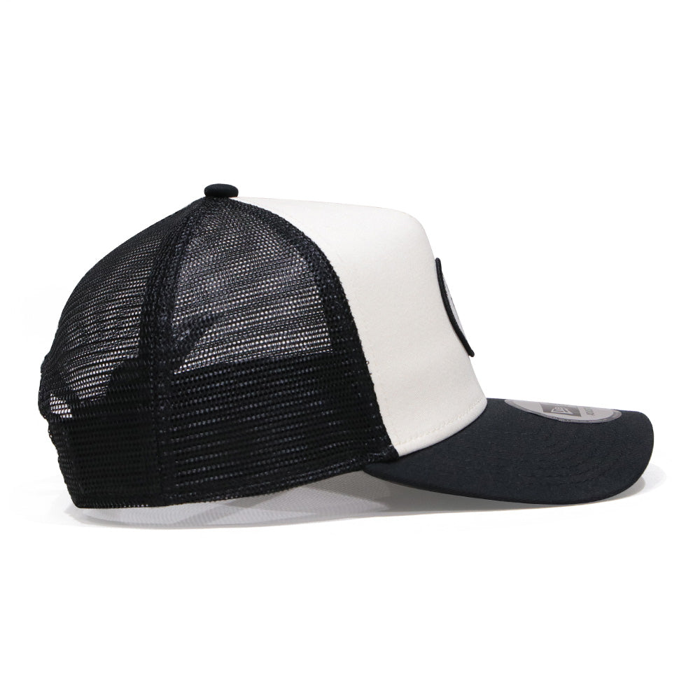 new era round patch chrome white black 9forty a frame trucker cap angle
