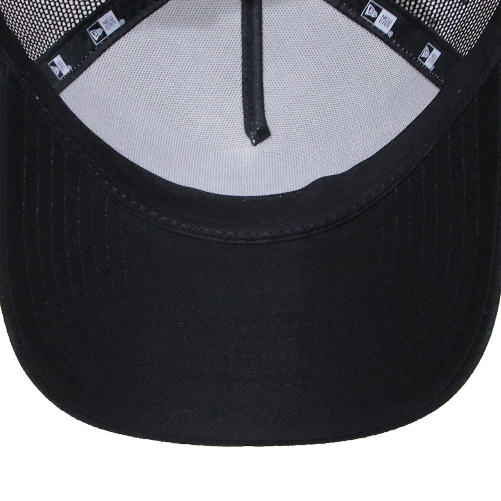new era round patch chrome white black 9forty a frame trucker cap logo and print
